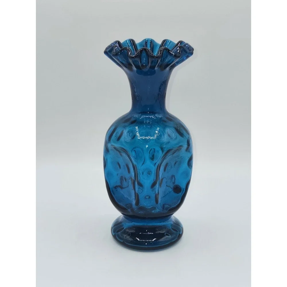 Fenton Jamestown Blue Coin Dot Art Glass Vase Ruffled Rim